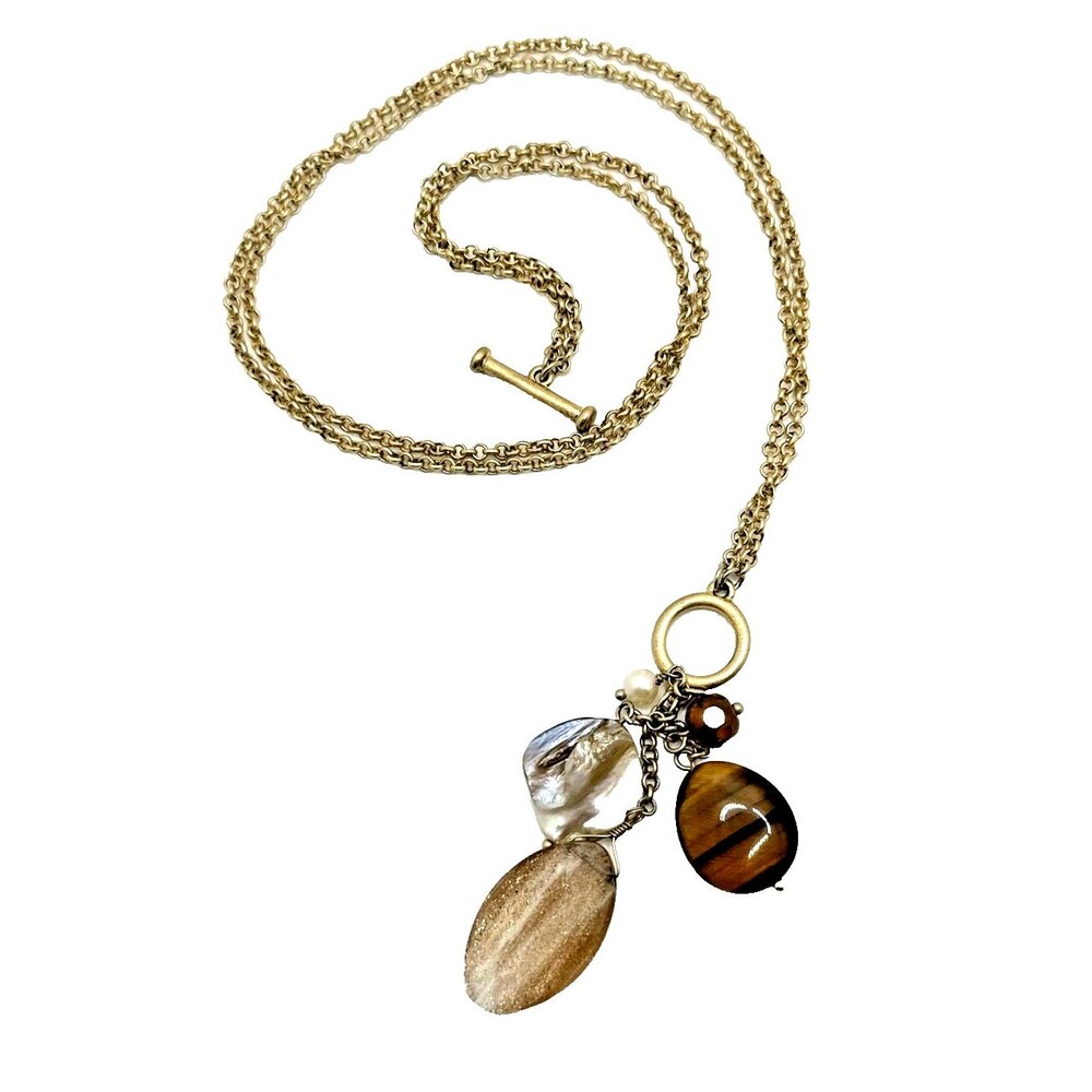 Semi Precious Stone Charm Necklace Gold Tone Toggle Chain Statement 16" Boho